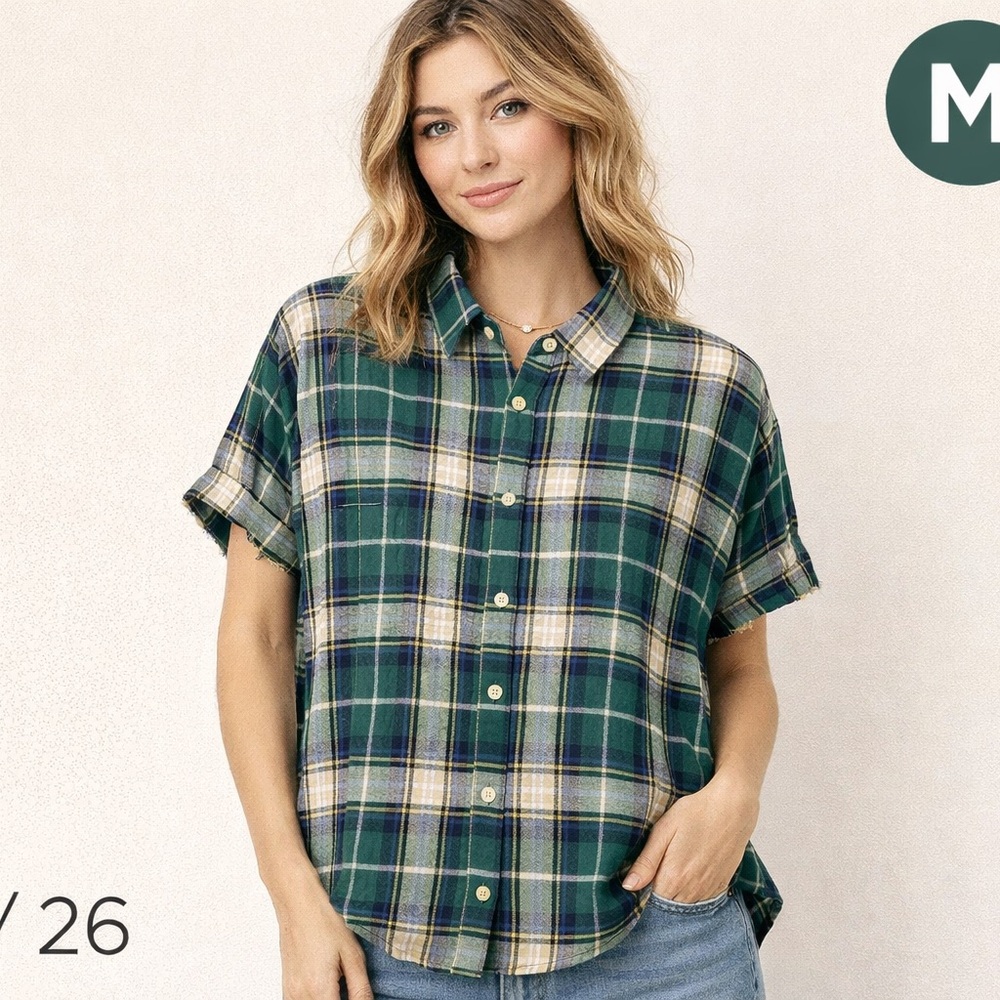 Day + Moon Green Plaid Oversized Button Down Shirt Medium Boho Flannel